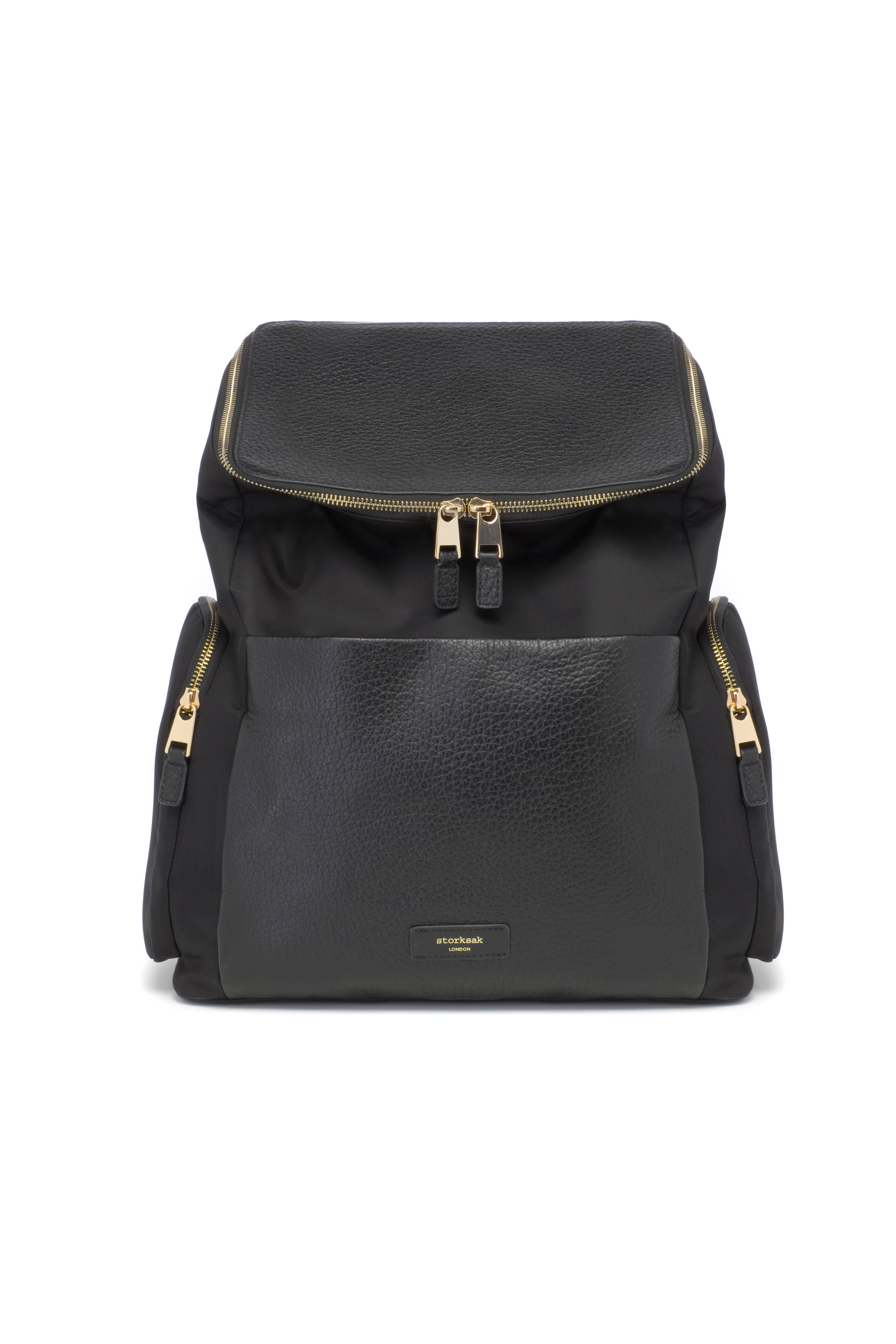 Black nappy bag backpack with gold zippers on a white background