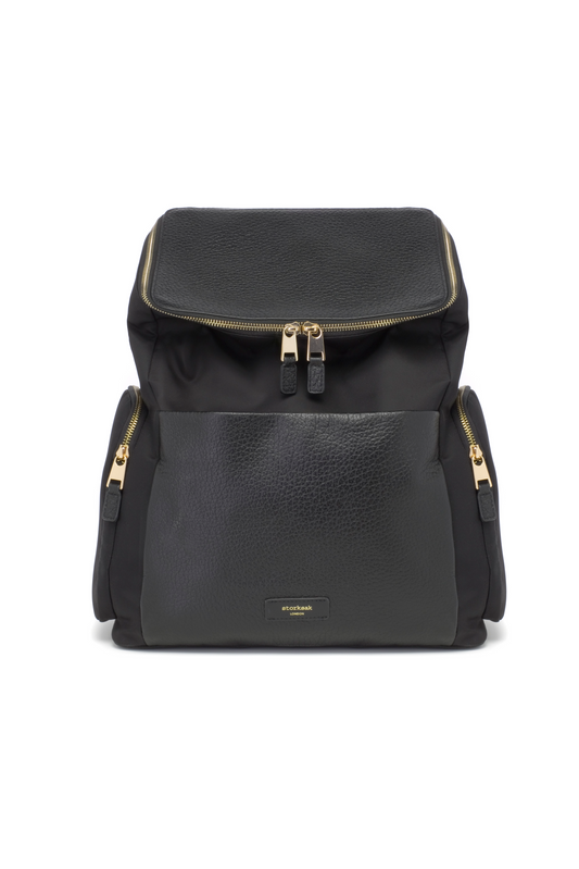 Black nappy bag backpack with gold zippers on a white background